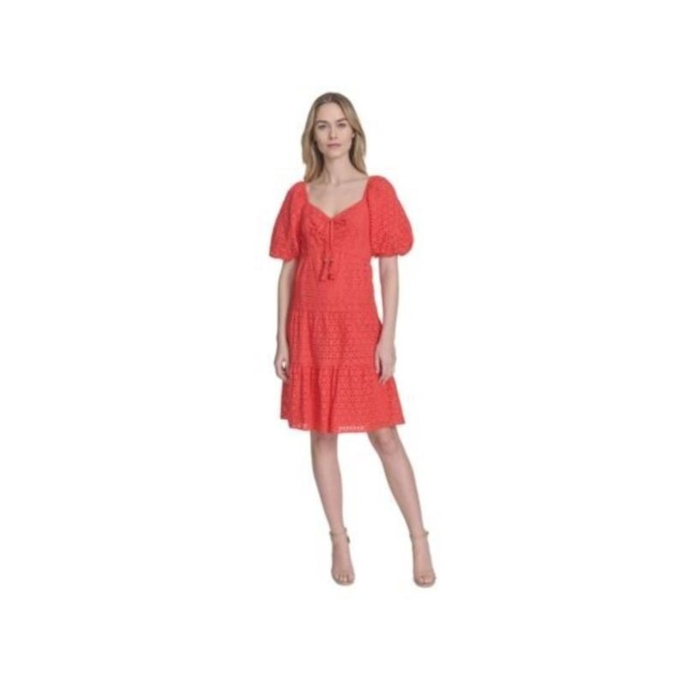 Vince Camuto Womens V-Neck Short-Puff-Sleeve Layered Dress Orange (12) RT $168